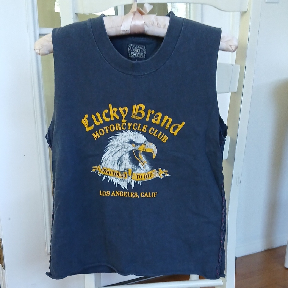 Lucky Brand Dark Gray & Yellow Sleeveless Tee Re/do Made Sleeveless Side Stitch